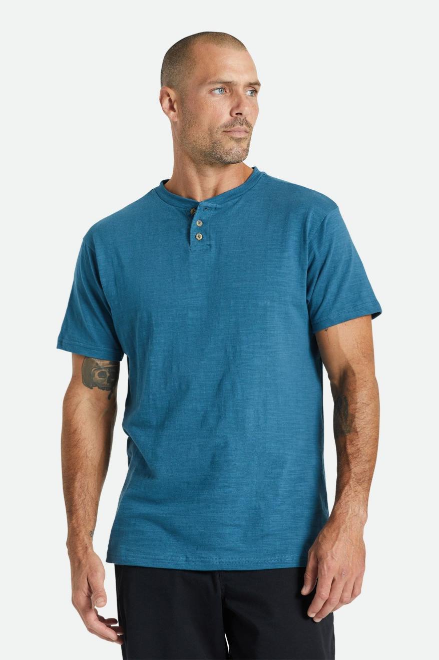 Tops Brixton Basic Slub S/S Henley Masculino Turquesa | MHREJ-0476