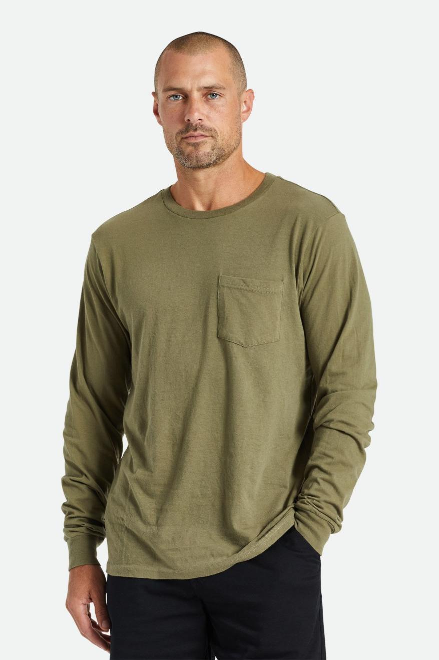 Tops Brixton Basic L/S Pocket Masculino Verde Oliva | WZLKI-1460