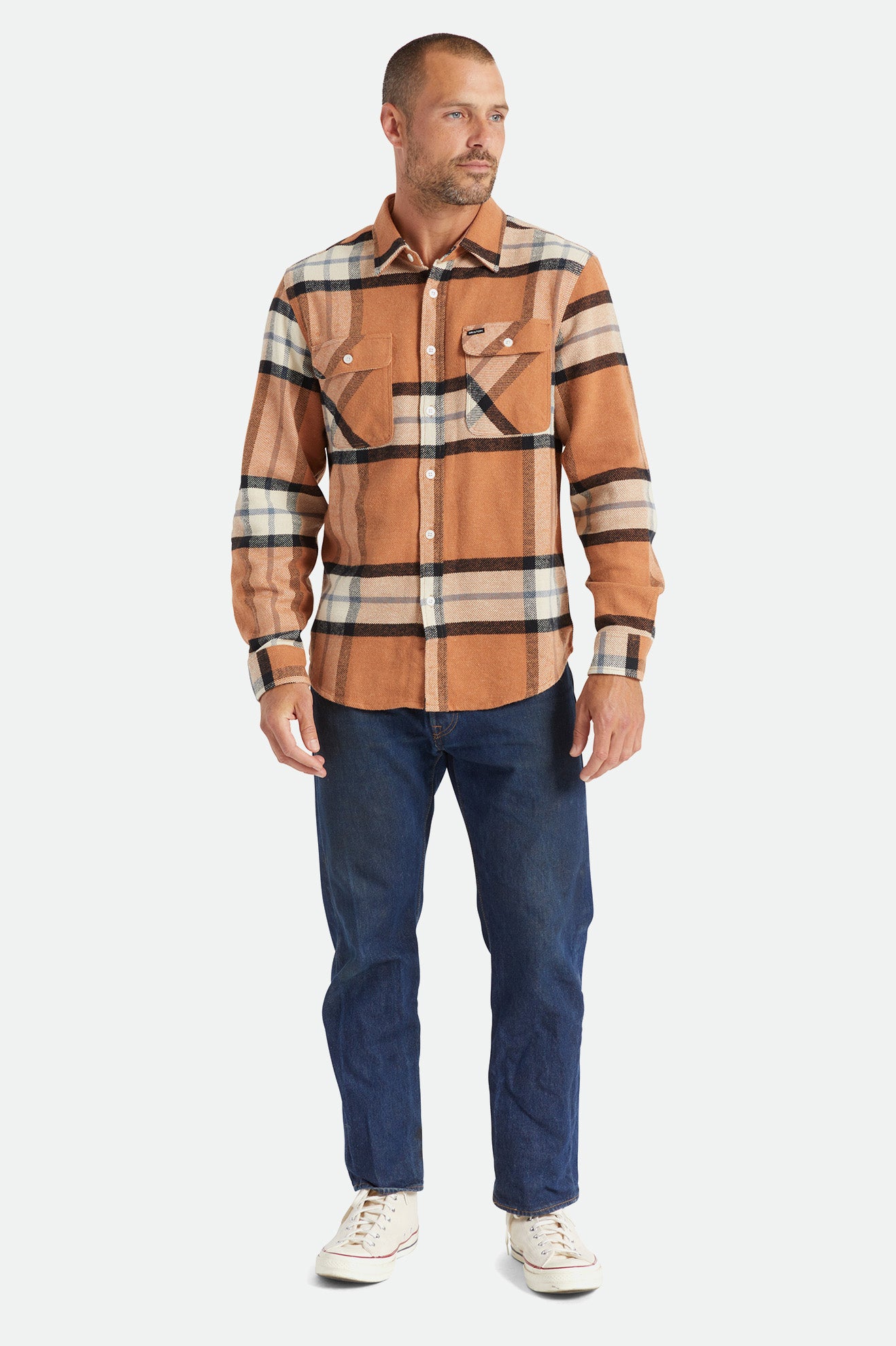 Tops Tecidos Brixton Bowery L/S Masculino Bege | QTMVP-7145